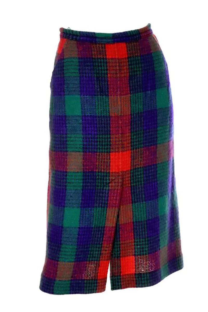 1970's Missoni Red Green & Blue Plaid Vintage Wool Skirt 10/12