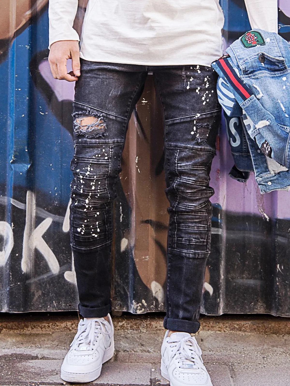 2Y Men Slim Fit Ripped Destroyed Paint Mini Bars Jeans - Black