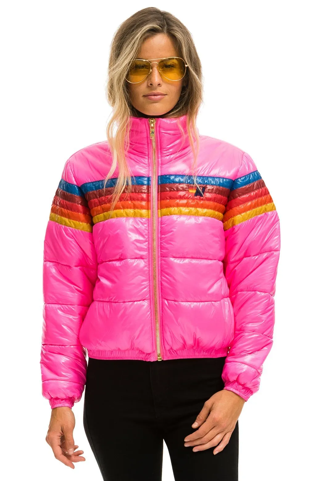 5 STRIPE LUXE APRES PUFFER JACKET - GLOSSY NEON PINK