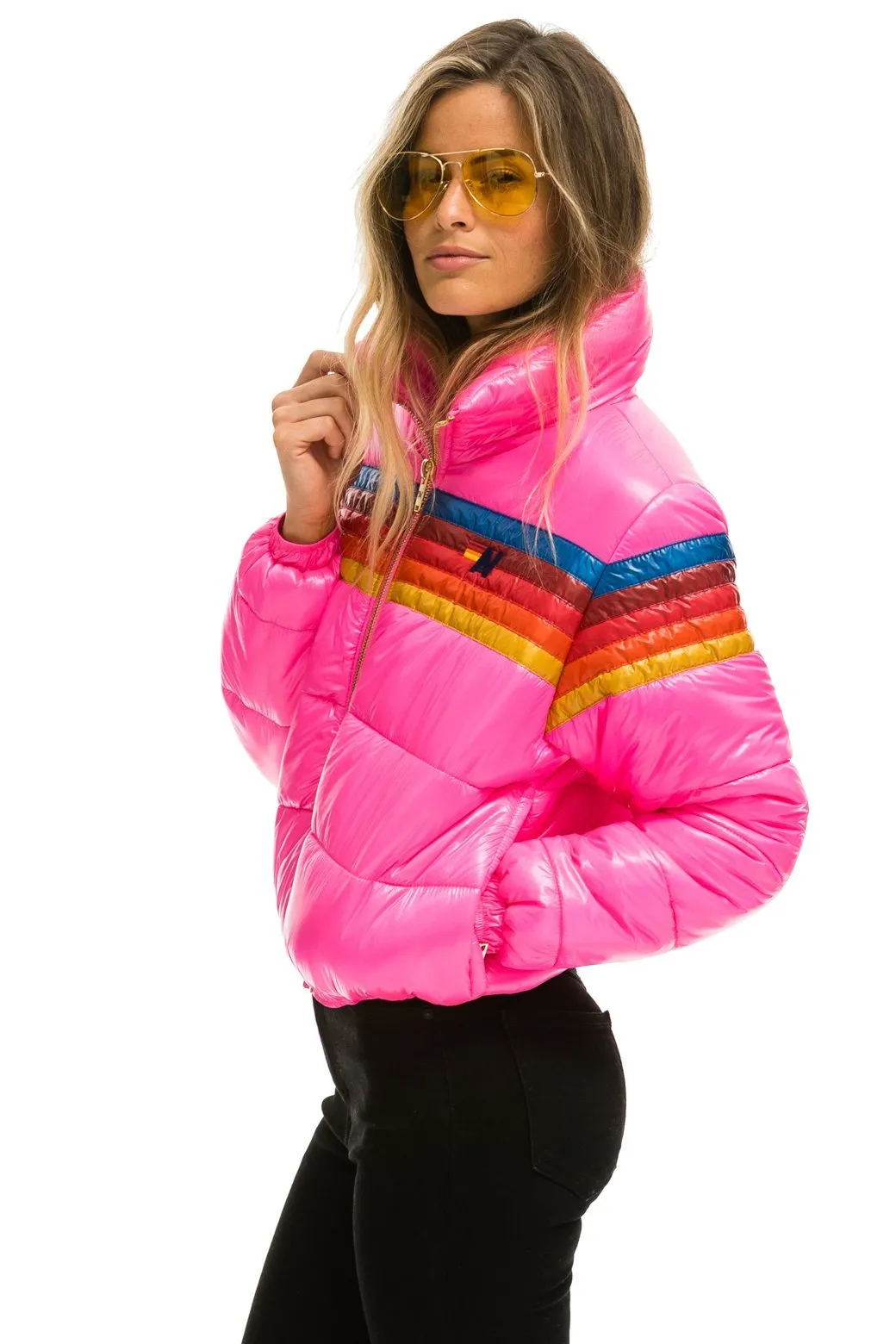 5 STRIPE LUXE APRES PUFFER JACKET - GLOSSY NEON PINK