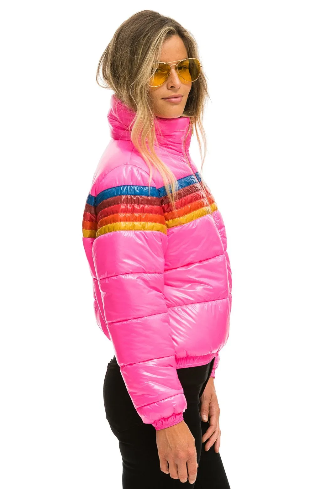 5 STRIPE LUXE APRES PUFFER JACKET - GLOSSY NEON PINK