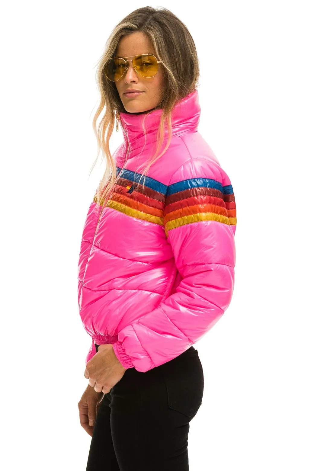 5 STRIPE LUXE APRES PUFFER JACKET - GLOSSY NEON PINK