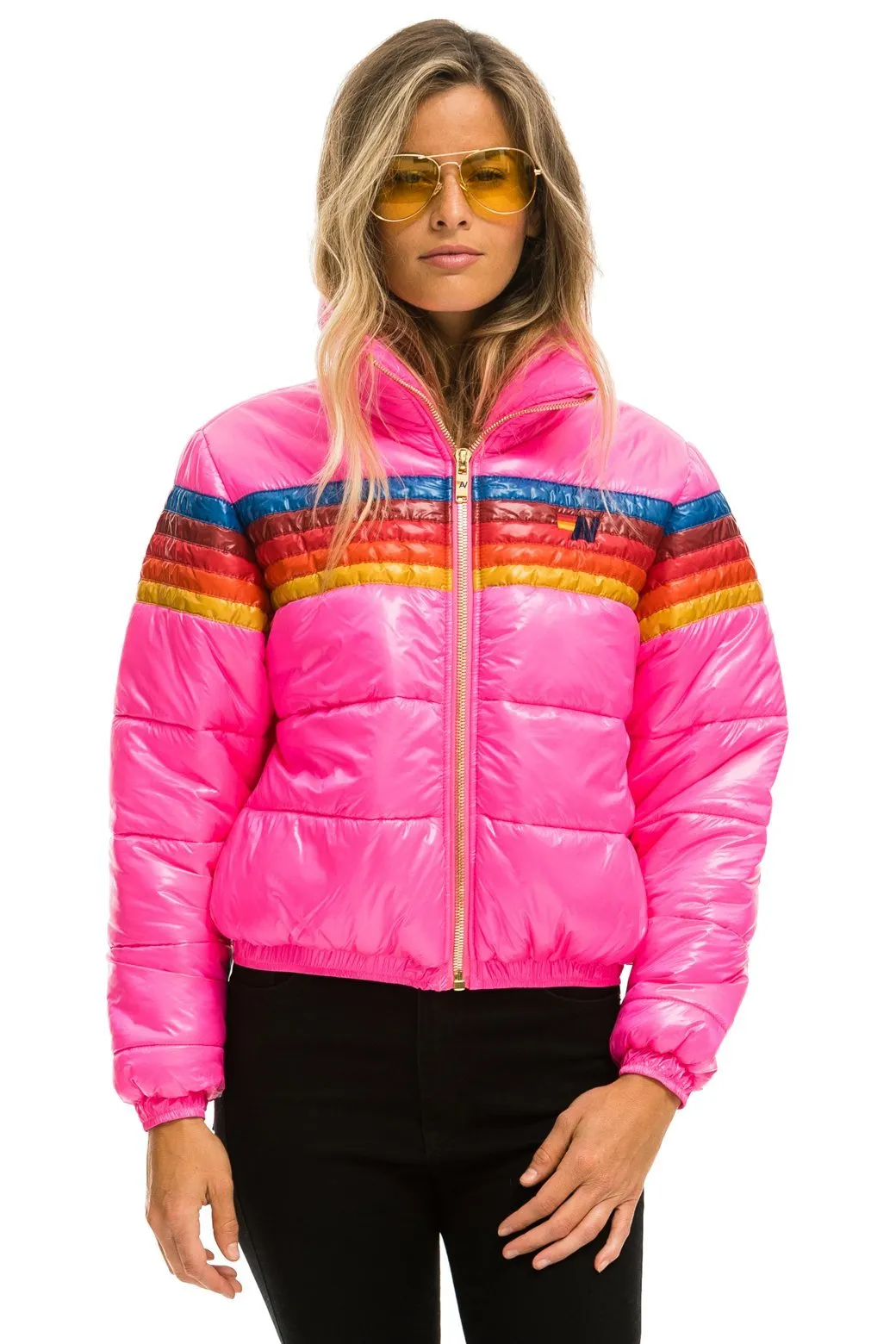 5 STRIPE LUXE APRES PUFFER JACKET - GLOSSY NEON PINK