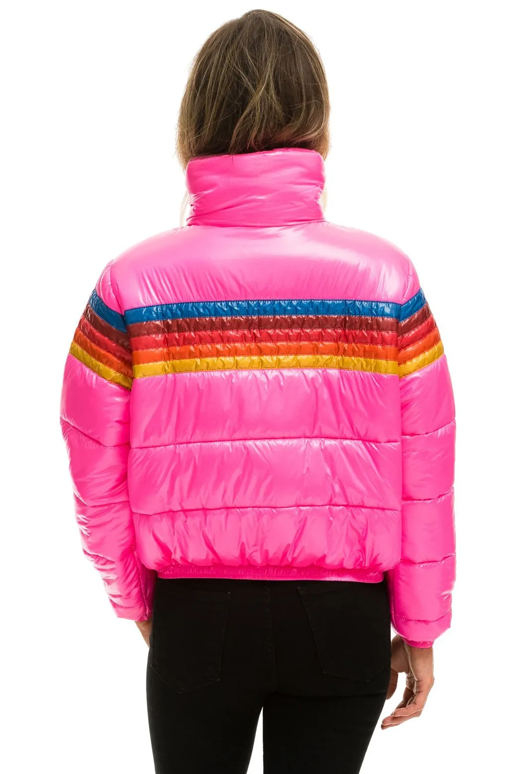 5 STRIPE LUXE APRES PUFFER JACKET - GLOSSY NEON PINK