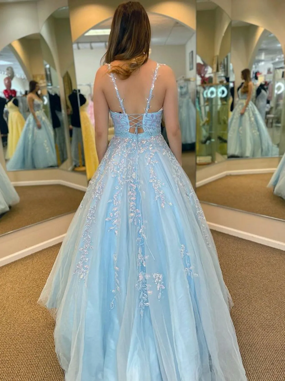 A Line V Neck Open Back Beaded Blue Lace Long Prom Dresses with Belt, Blue Lace Formal Dresses, Beaded Blue Evening Dresses