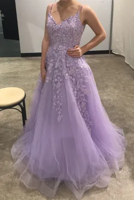 A Line V Neck Purple Tulle Lace Long Prom Dress, V Neck Purple Formal Dress, Purple Lace Floral Evening Dress A1409