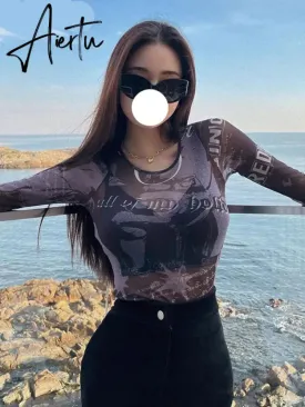 Aiertu Mesh Print Long Sleeves See Through  Top Fashion Women Cute Elegant Streetwear Party Club Y2K Clothing