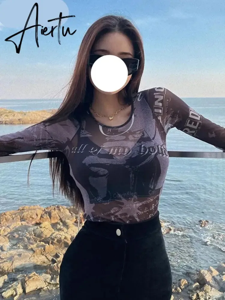 Aiertu Mesh Print Long Sleeves See Through  Top Fashion Women Cute Elegant Streetwear Party Club Y2K Clothing