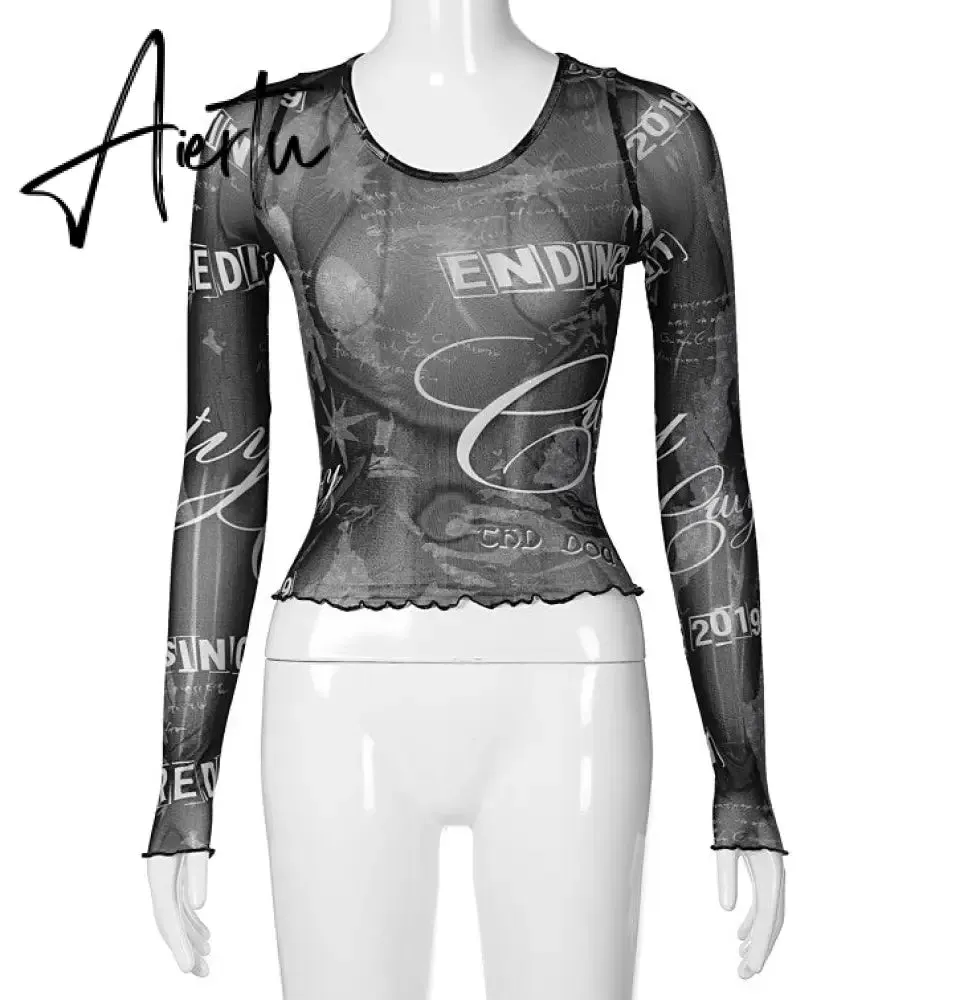 Aiertu Mesh Print Long Sleeves See Through  Top Fashion Women Cute Elegant Streetwear Party Club Y2K Clothing