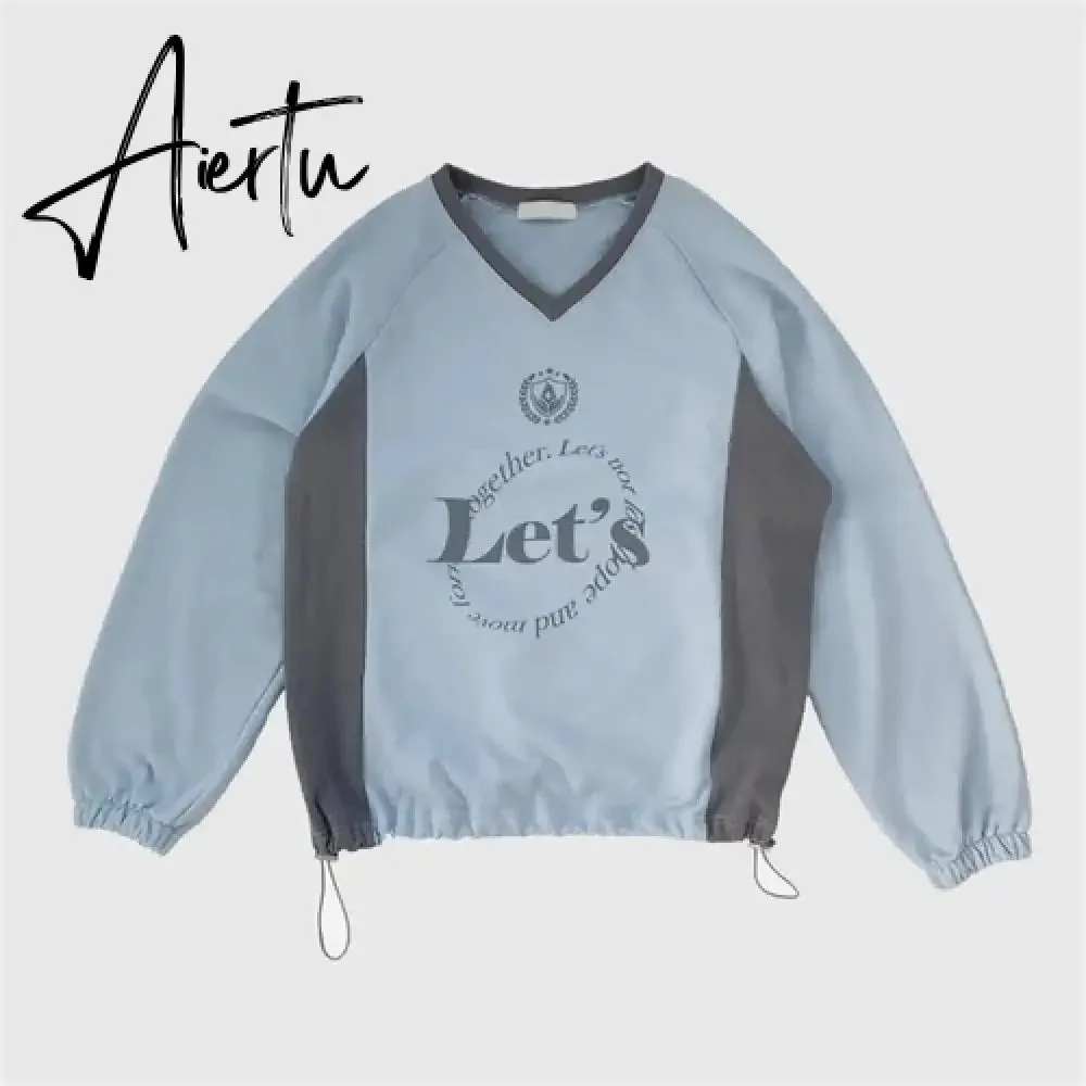 Aiertu Streetwear New Letter Print Hoodies Women Vintage Harajuku Sweatshirt Loose Tops Y2k Aesthetic Patchwork All Match Fashion Hoody