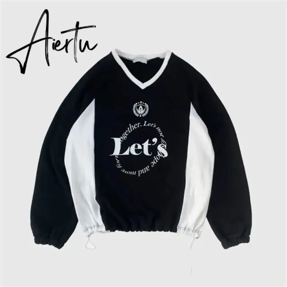 Aiertu Streetwear New Letter Print Hoodies Women Vintage Harajuku Sweatshirt Loose Tops Y2k Aesthetic Patchwork All Match Fashion Hoody