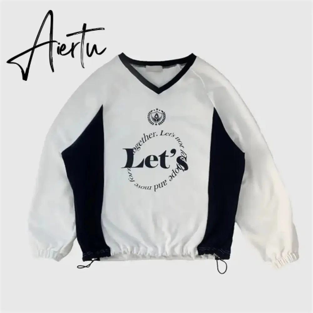 Aiertu Streetwear New Letter Print Hoodies Women Vintage Harajuku Sweatshirt Loose Tops Y2k Aesthetic Patchwork All Match Fashion Hoody