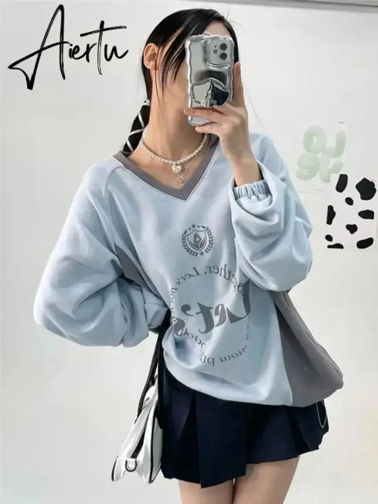 Aiertu Streetwear New Letter Print Hoodies Women Vintage Harajuku Sweatshirt Loose Tops Y2k Aesthetic Patchwork All Match Fashion Hoody