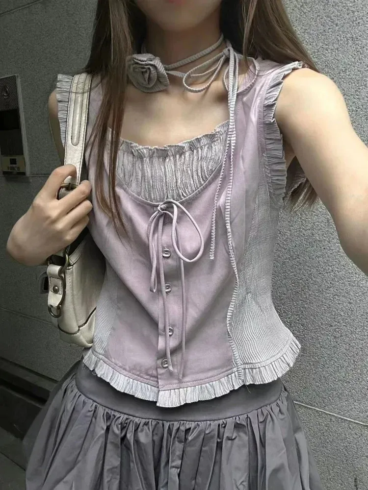 Aiertu Summer Patchwork Contrast Color Tanks Women Harajuku Bandage Sleeveless Tops Fairy Korean Fashion Casual Camisole Y2k Aesthetic