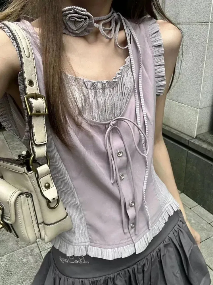 Aiertu Summer Patchwork Contrast Color Tanks Women Harajuku Bandage Sleeveless Tops Fairy Korean Fashion Casual Camisole Y2k Aesthetic