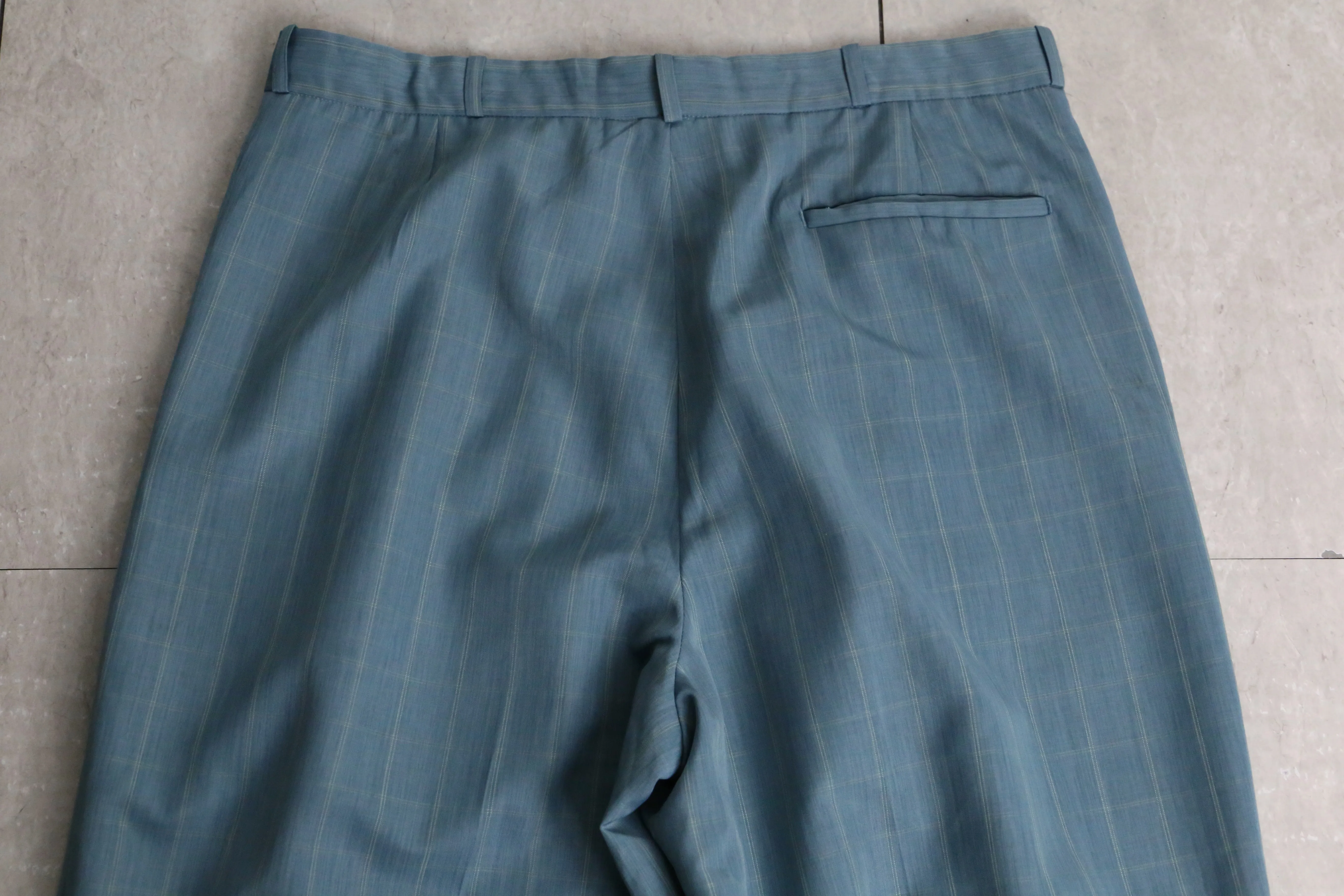 aqua blue check pattern tapered pants