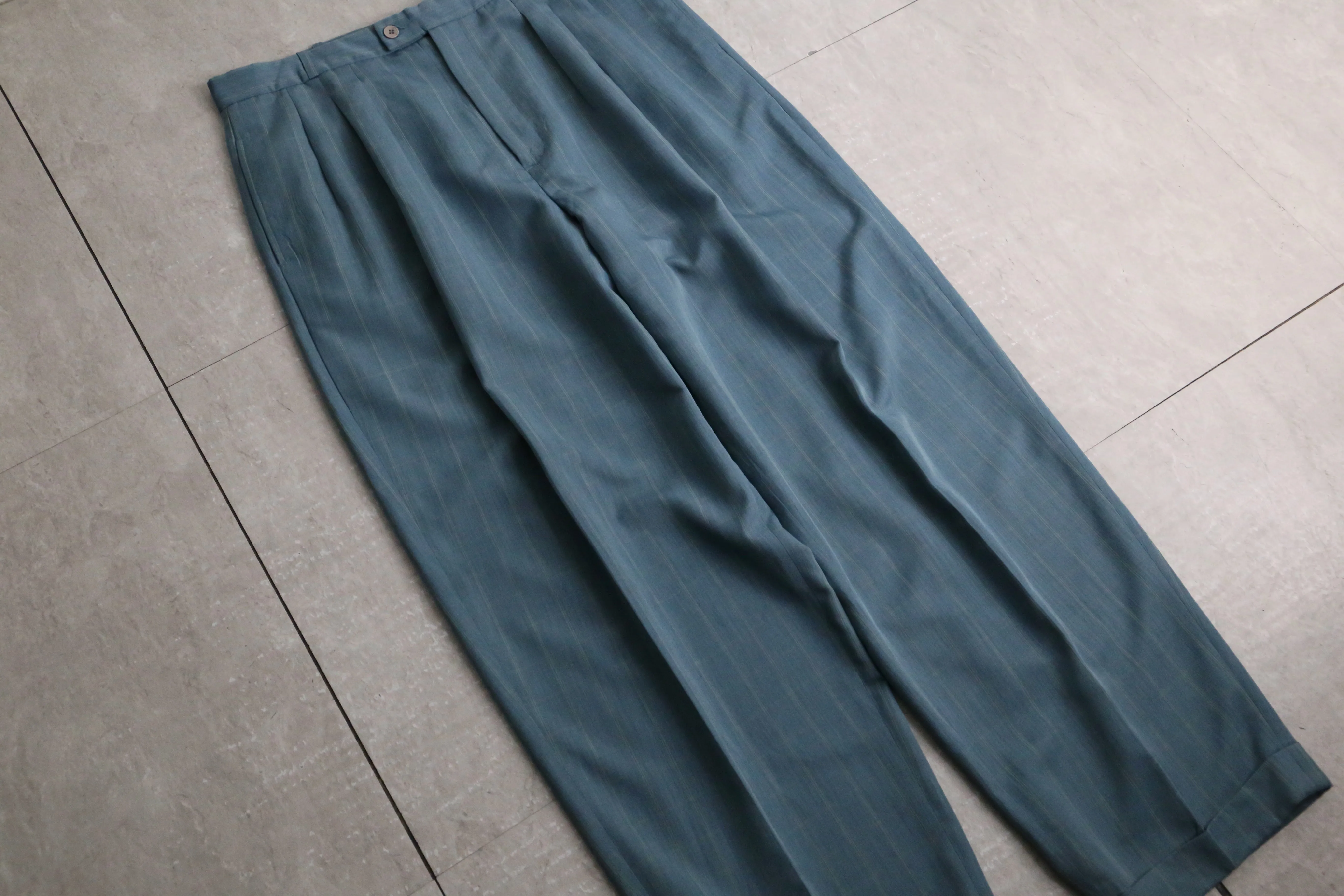 aqua blue check pattern tapered pants