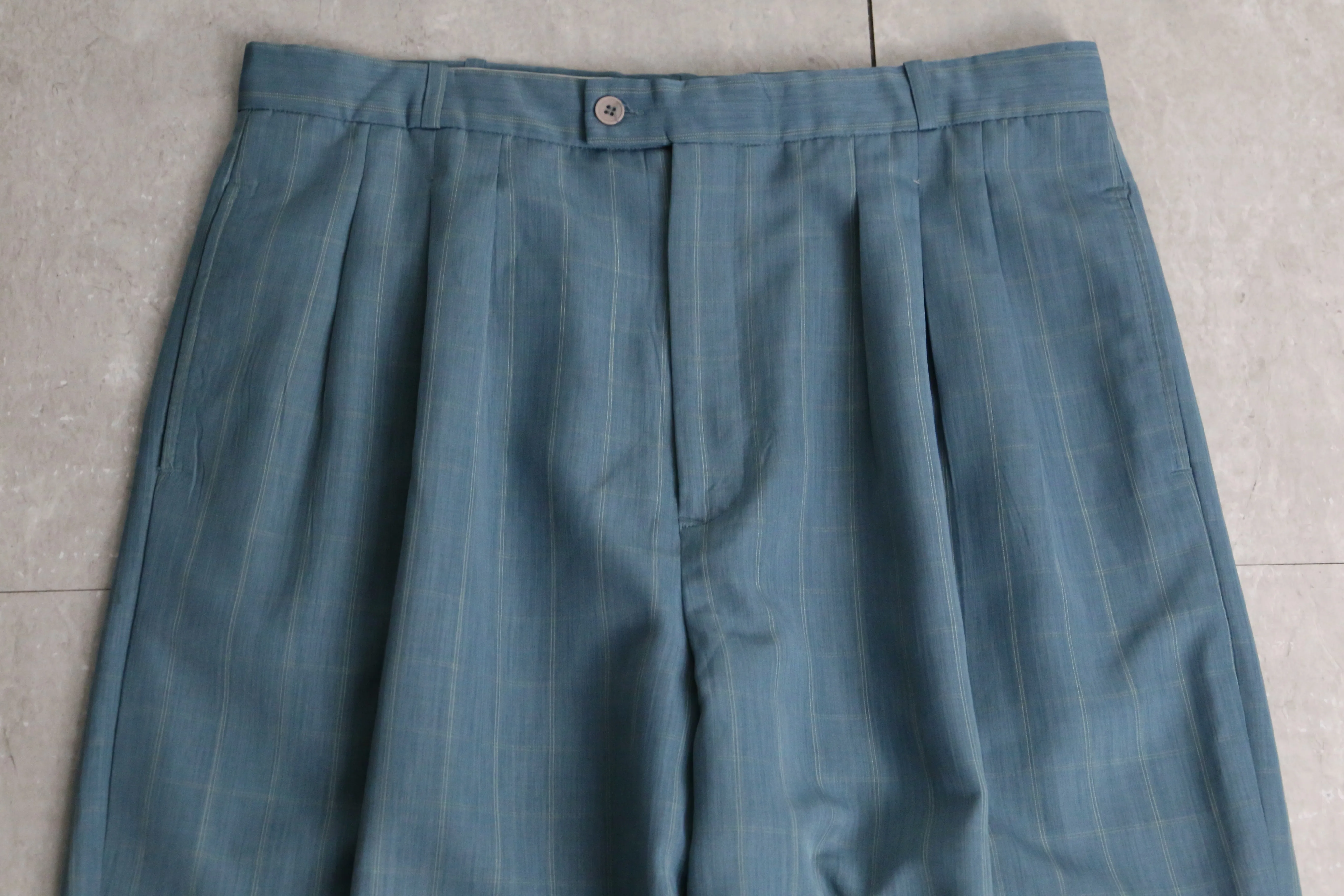 aqua blue check pattern tapered pants