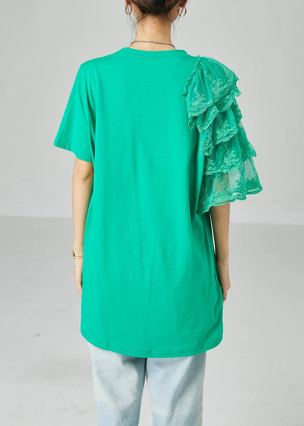 Art Green Asymmetrical Patchwork Cotton Ripped Long Tops Summer LY2455