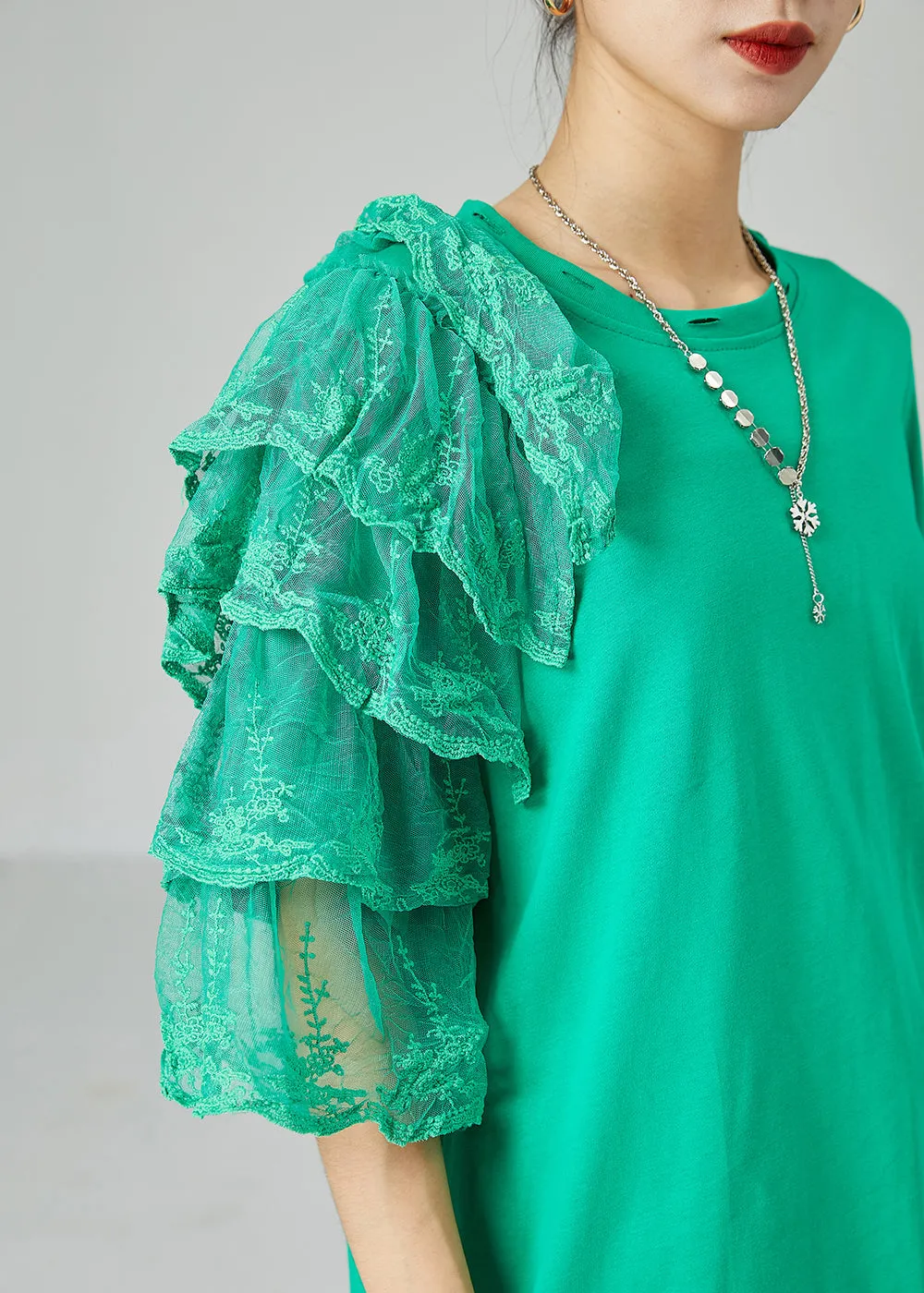 Art Green Asymmetrical Patchwork Cotton Ripped Long Tops Summer LY2455