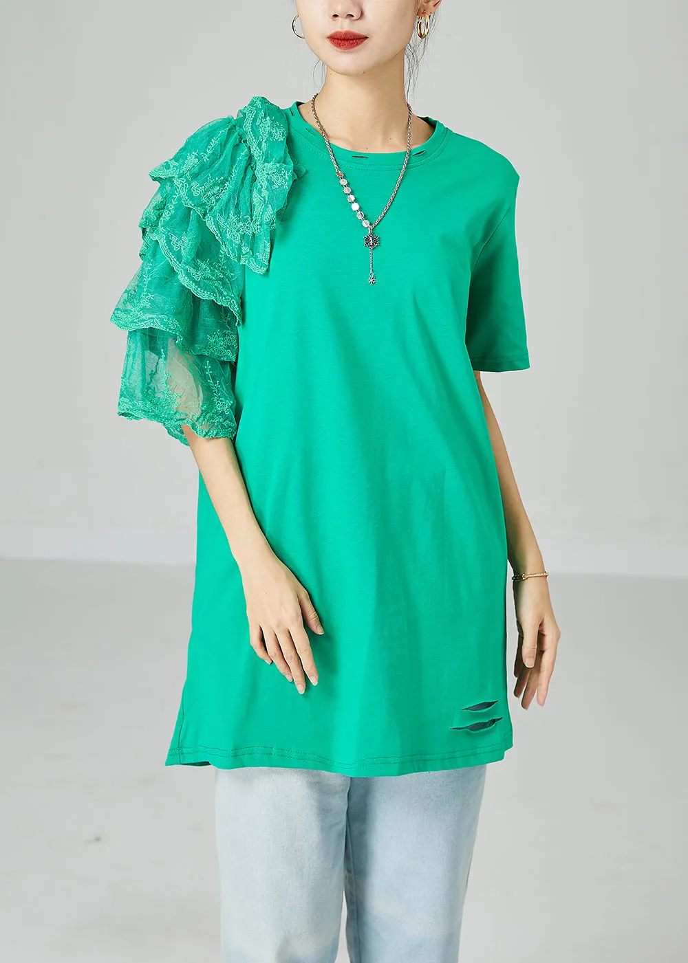 Art Green Asymmetrical Patchwork Cotton Ripped Long Tops Summer LY2455