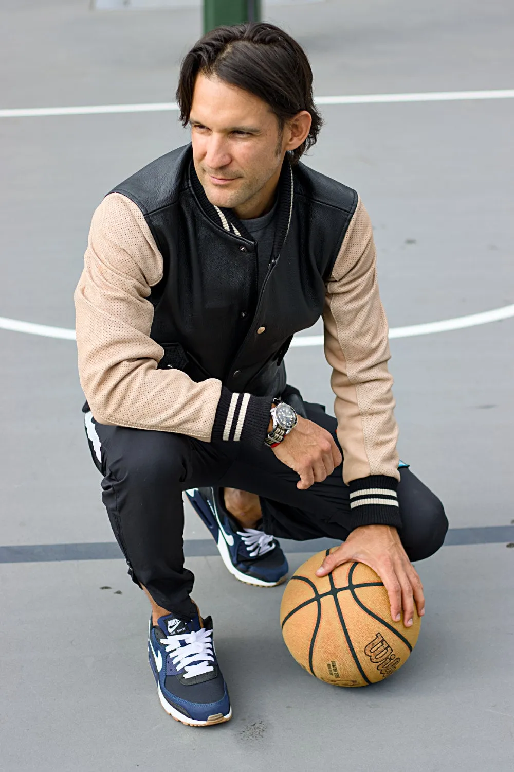 BASKETBALL 1891 Leather & Perforated Lambskin Varsity Jacket - Black & Tan