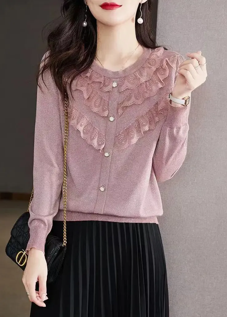 Beautiful Purple O Neck Ruffled Patchwork Knit Tops Fall ML2925