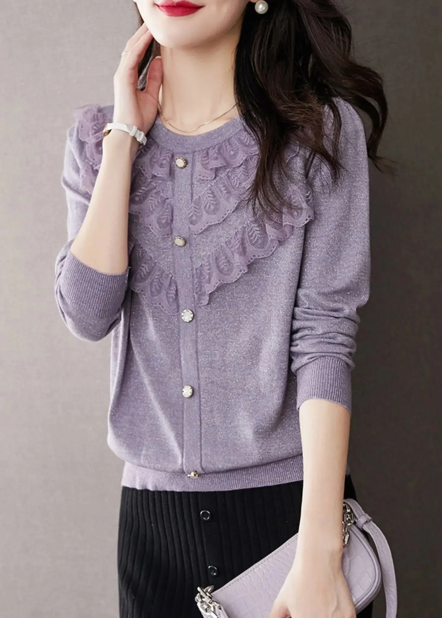 Beautiful Purple O Neck Ruffled Patchwork Knit Tops Fall ML2925