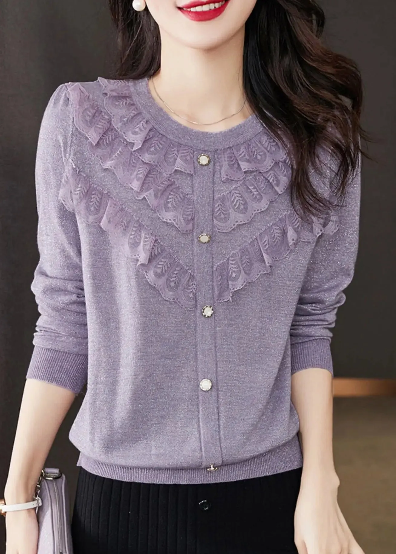 Beautiful Purple O Neck Ruffled Patchwork Knit Tops Fall ML2925