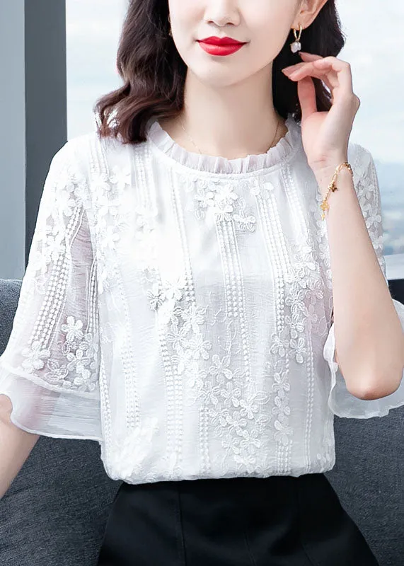 Beautiful White Ruffled Embroideried Patchwork Chiffon Blouse Tops Summer LY0434