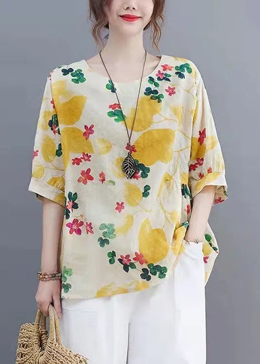 Beautiful Yellow O Neck Print Patchwork Linen Tops Summer LY4046