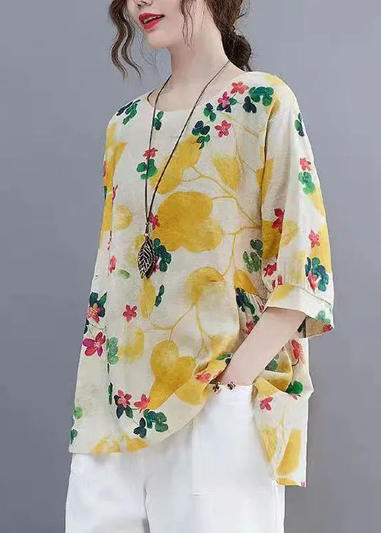 Beautiful Yellow O Neck Print Patchwork Linen Tops Summer LY4046