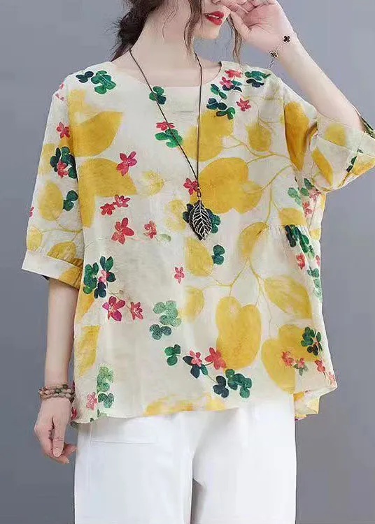 Beautiful Yellow O Neck Print Patchwork Linen Tops Summer LY4046