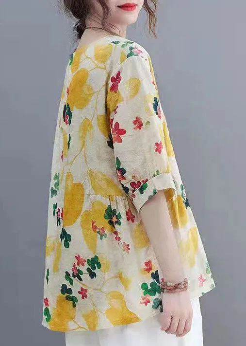 Beautiful Yellow O Neck Print Patchwork Linen Tops Summer LY4046