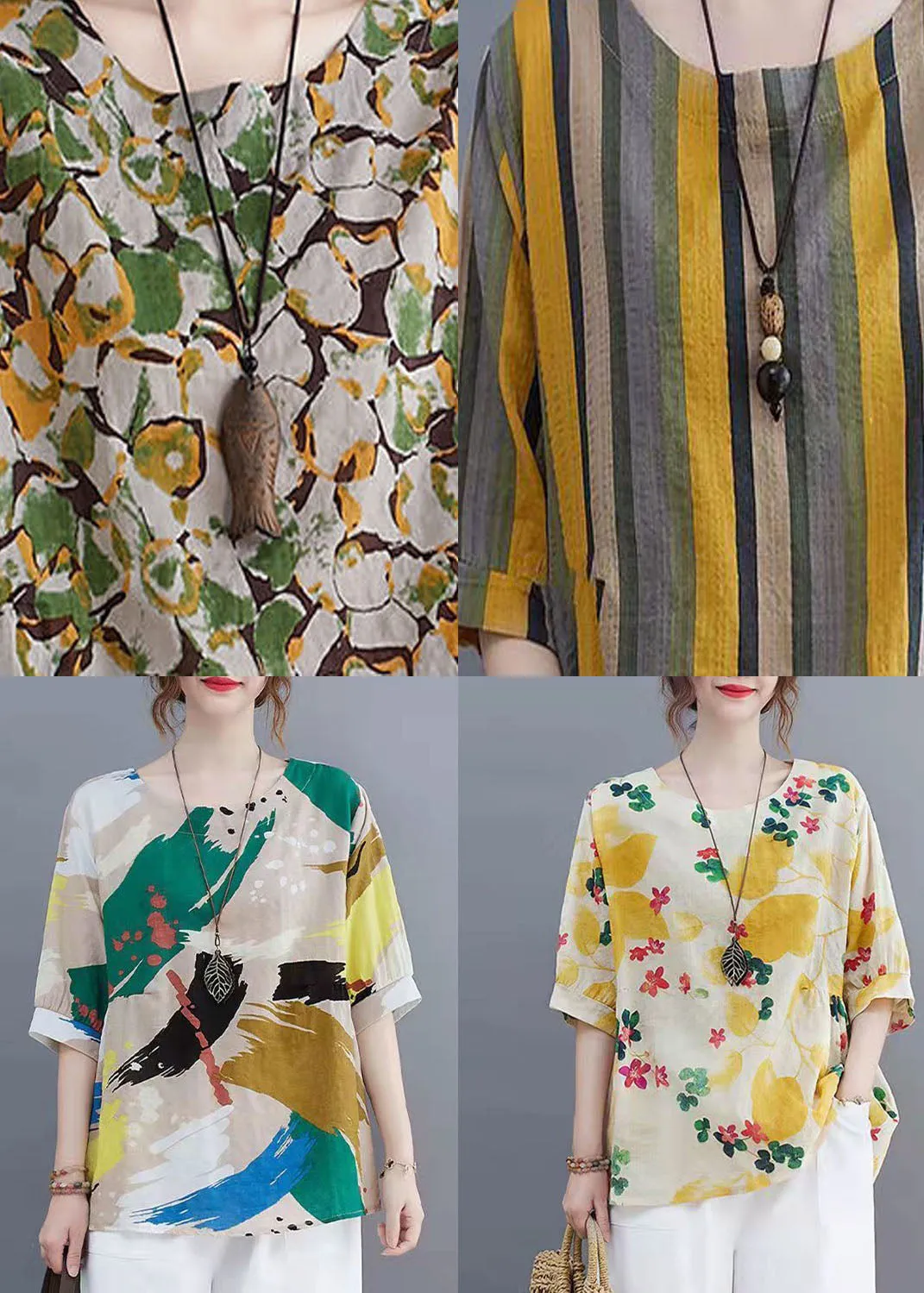 Beautiful Yellow O Neck Print Patchwork Linen Tops Summer LY4046