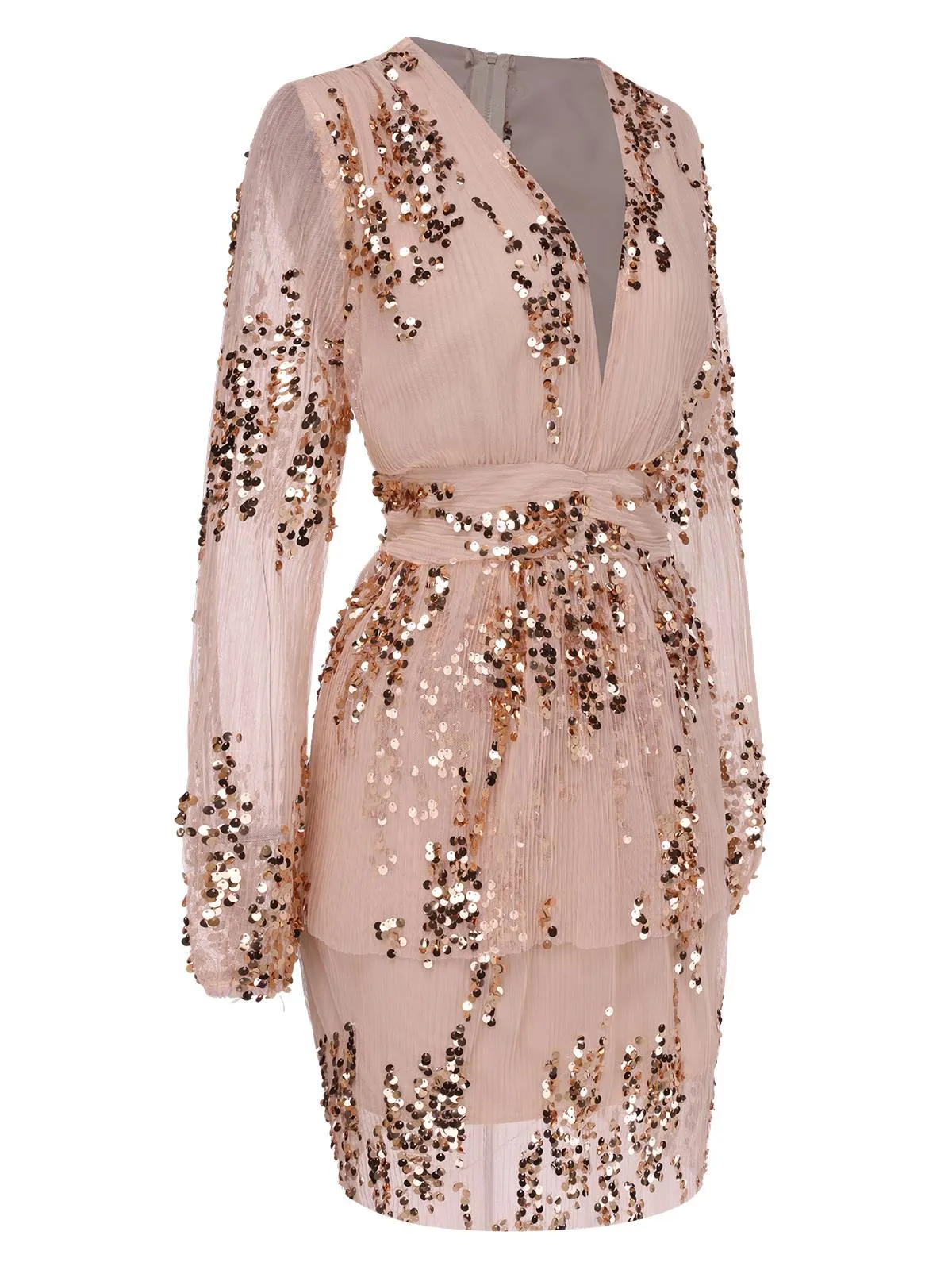 Beige 1960s Deep V-Neck Sequined Dress