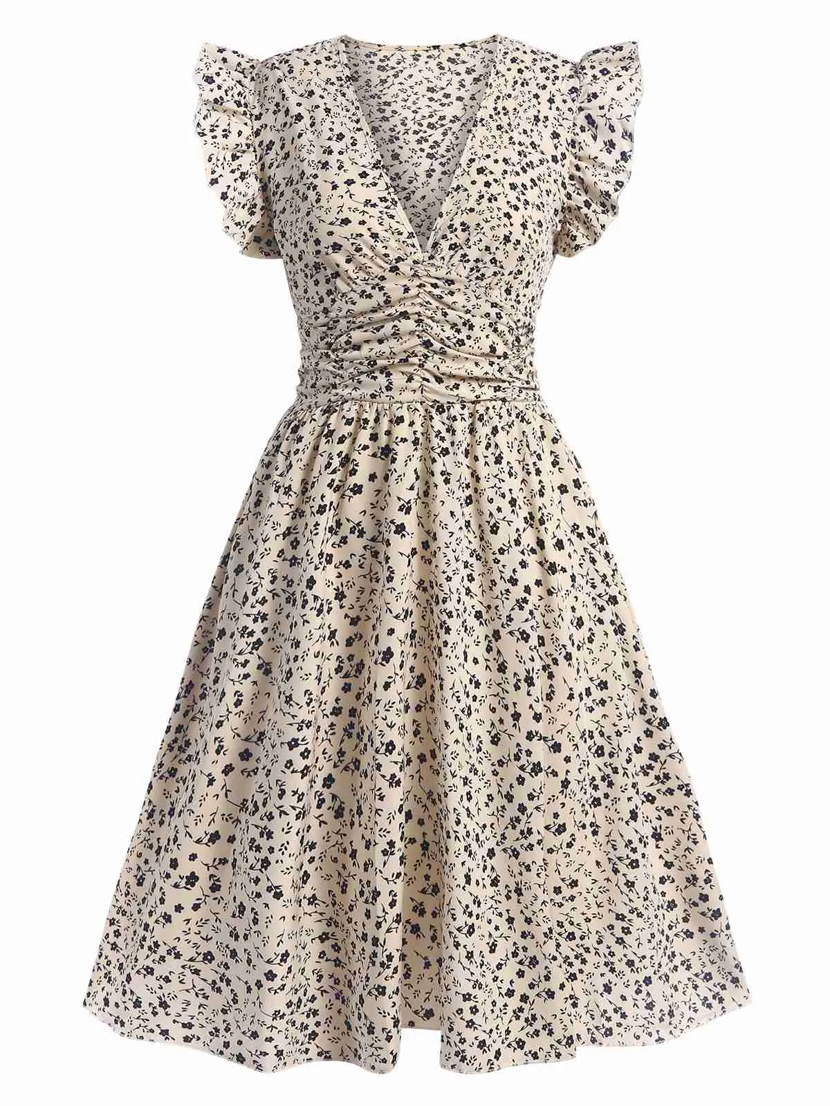 Beige 1960s V-Neck Ruffled Ditsy Floral Dress