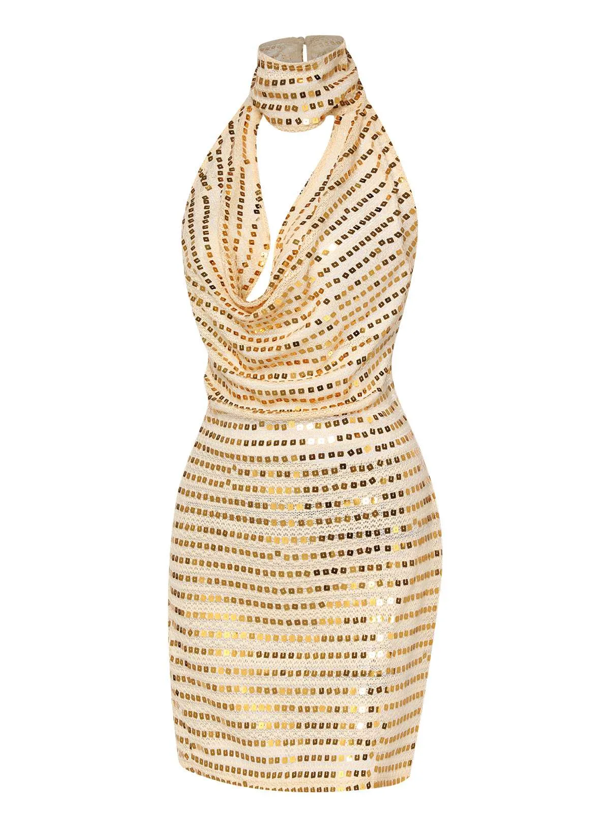 Beige 1970s Deep V-Neck Sequined Dress