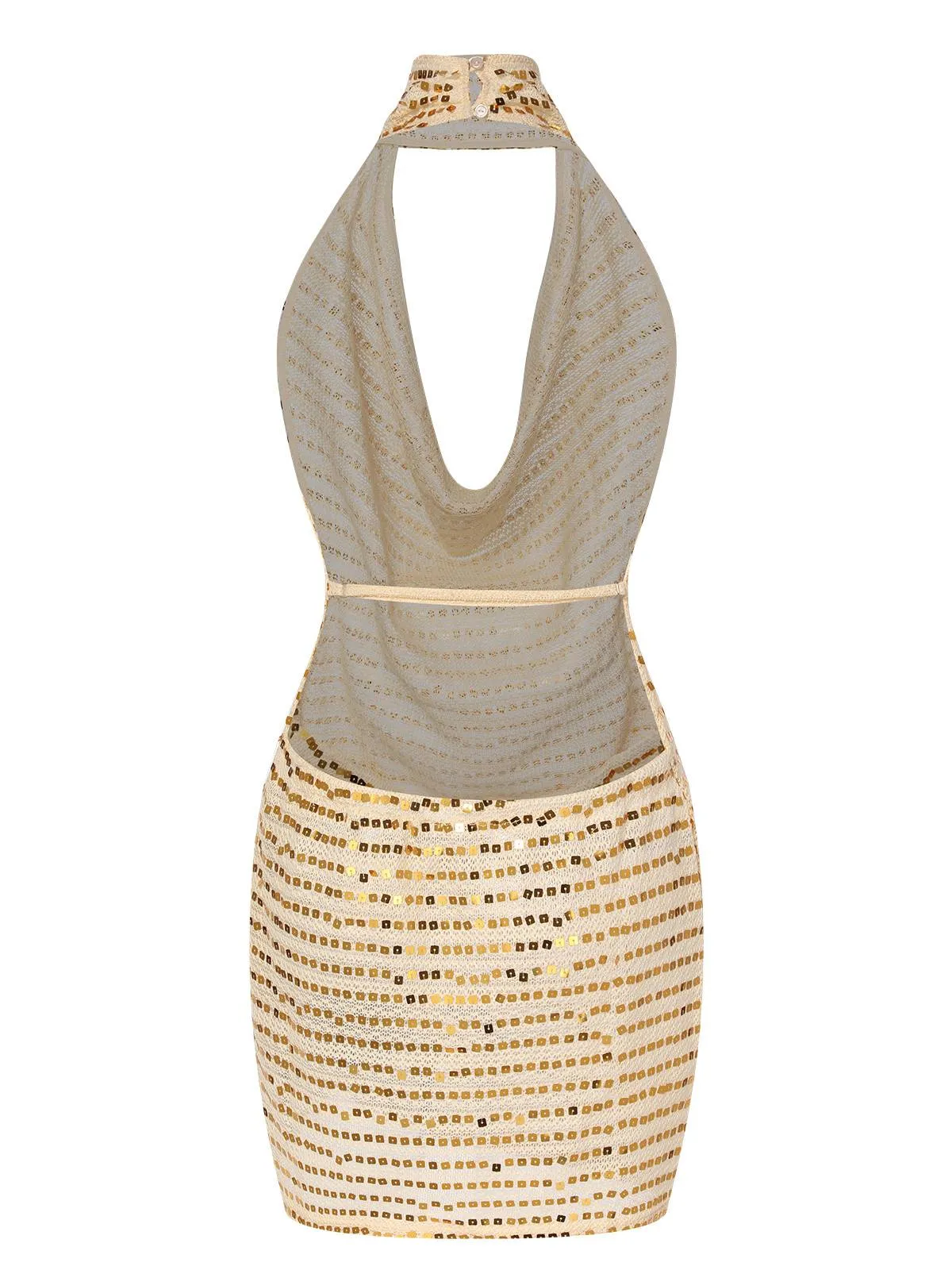 Beige 1970s Deep V-Neck Sequined Dress