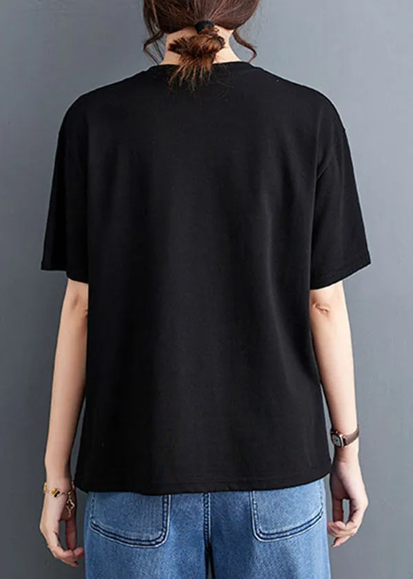 Black Patchwork Cotton T Shirt Tops Asymmetrical O Neck Summer LY5669