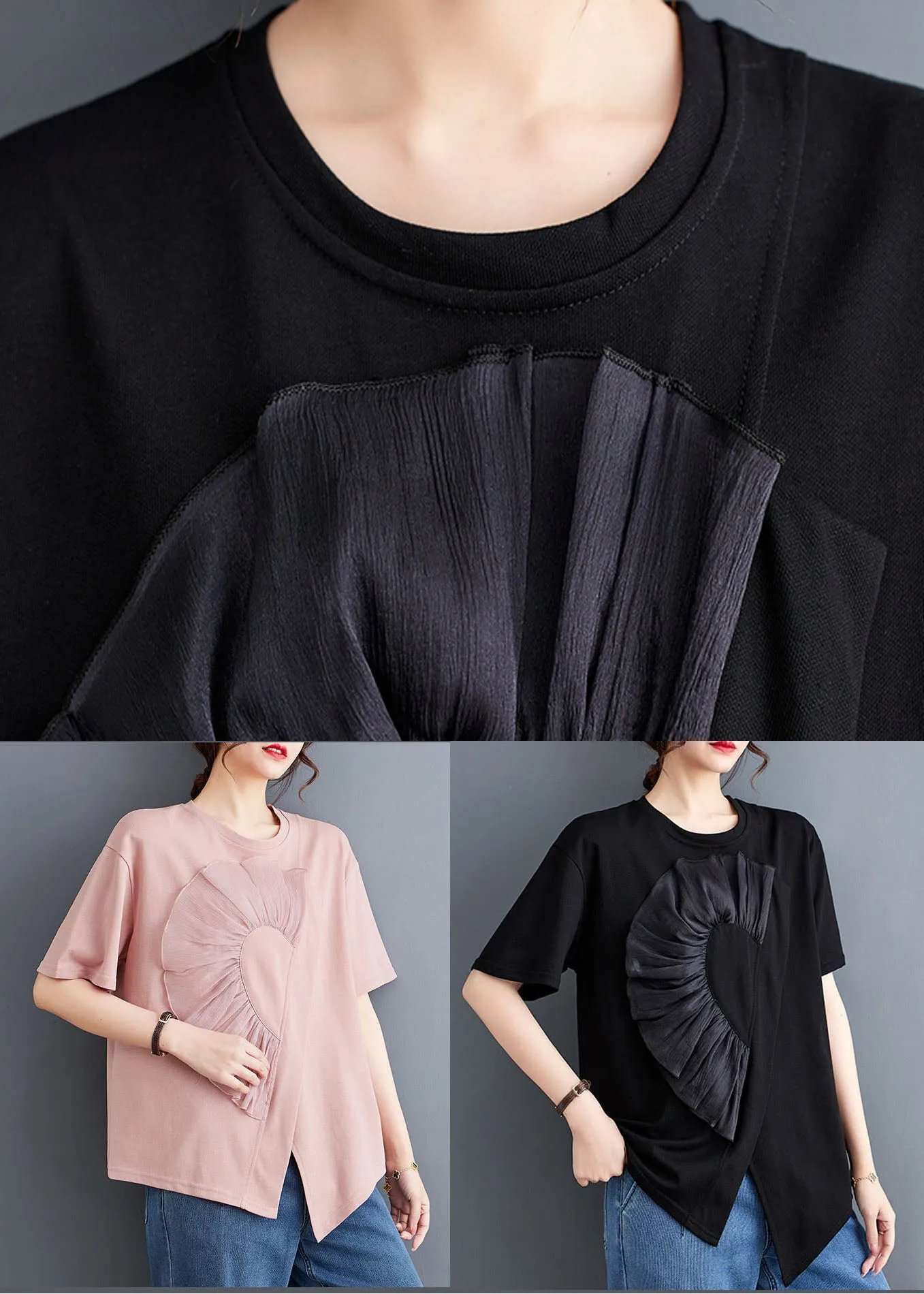 Black Patchwork Cotton T Shirt Tops Asymmetrical O Neck Summer LY5669