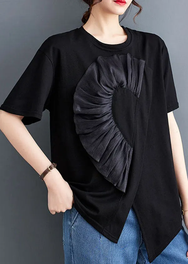 Black Patchwork Cotton T Shirt Tops Asymmetrical O Neck Summer LY5669