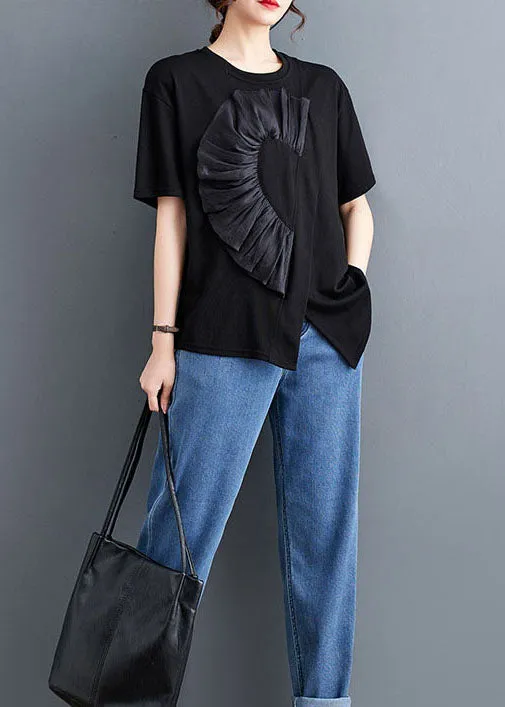 Black Patchwork Cotton T Shirt Tops Asymmetrical O Neck Summer LY5669