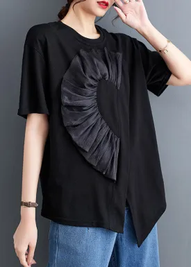 Black Patchwork Cotton T Shirt Tops Asymmetrical O Neck Summer LY5669