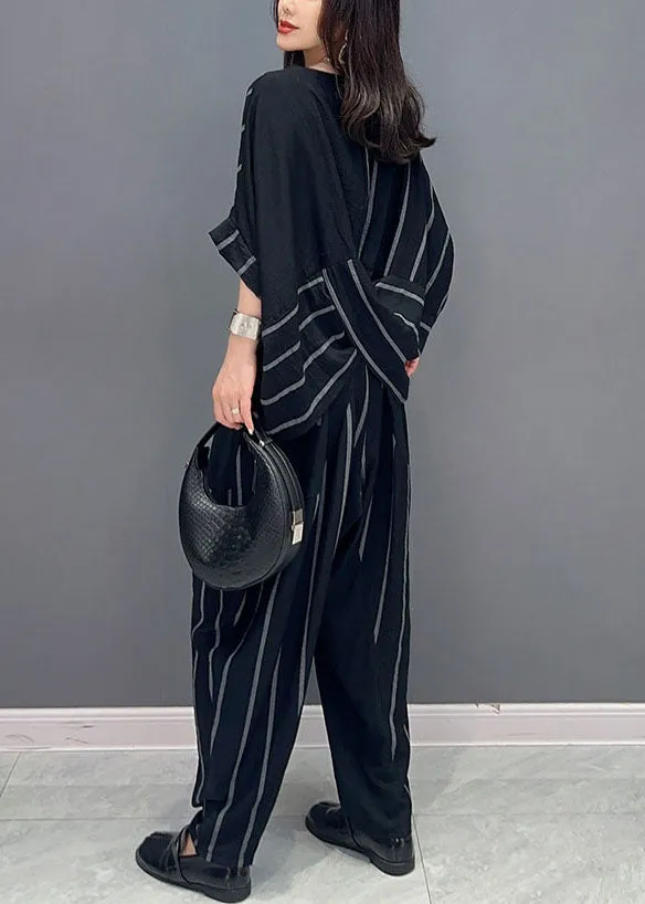 Black Patchwork Tops And Pants Cotton Two-Piece Set O-Neck Striped Summer LY5742