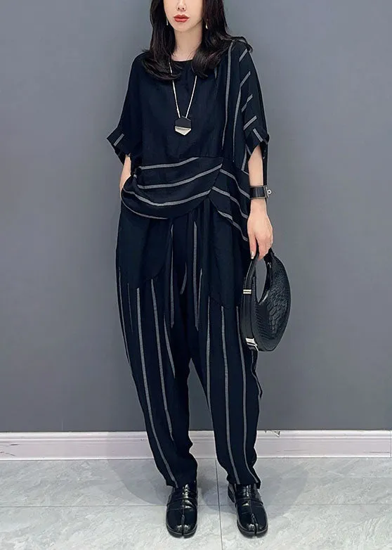 Black Patchwork Tops And Pants Cotton Two-Piece Set O-Neck Striped Summer LY5742