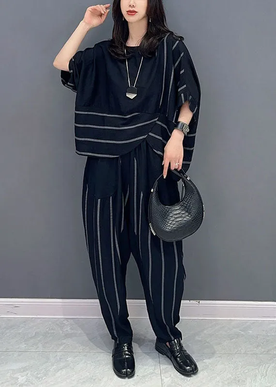 Black Patchwork Tops And Pants Cotton Two-Piece Set O-Neck Striped Summer LY5742