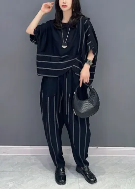 Black Patchwork Tops And Pants Cotton Two-Piece Set O-Neck Striped Summer LY5742