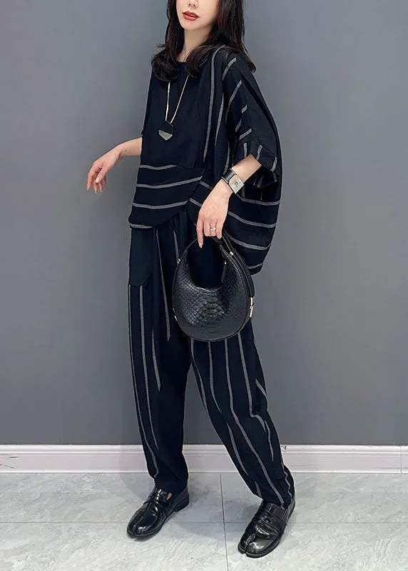 Black Patchwork Tops And Pants Cotton Two-Piece Set O-Neck Striped Summer LY5742