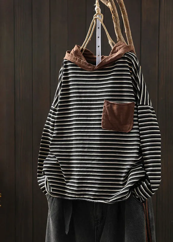 Black Striped Pockets Patchwork Cotton Blouse Tops Hooded Fall ML1950